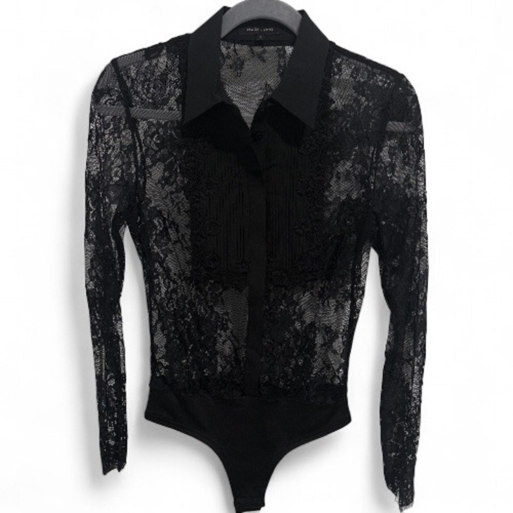 Misguided Peace + Love Black Lace‎ Bodysuit Long Sleeve Button Down Top Size 4